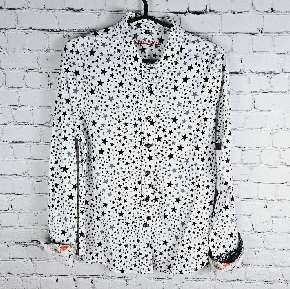 MANGO TANGO | star print long sleeve collared button up flip cuff shirt
